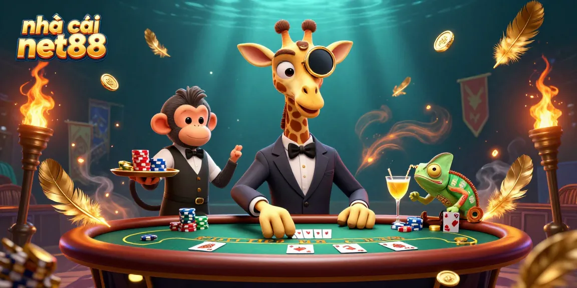 Enjoy vibrant poker action at nhà cái net88 featuring a high-roller giraffe in a dazzling casino scene.