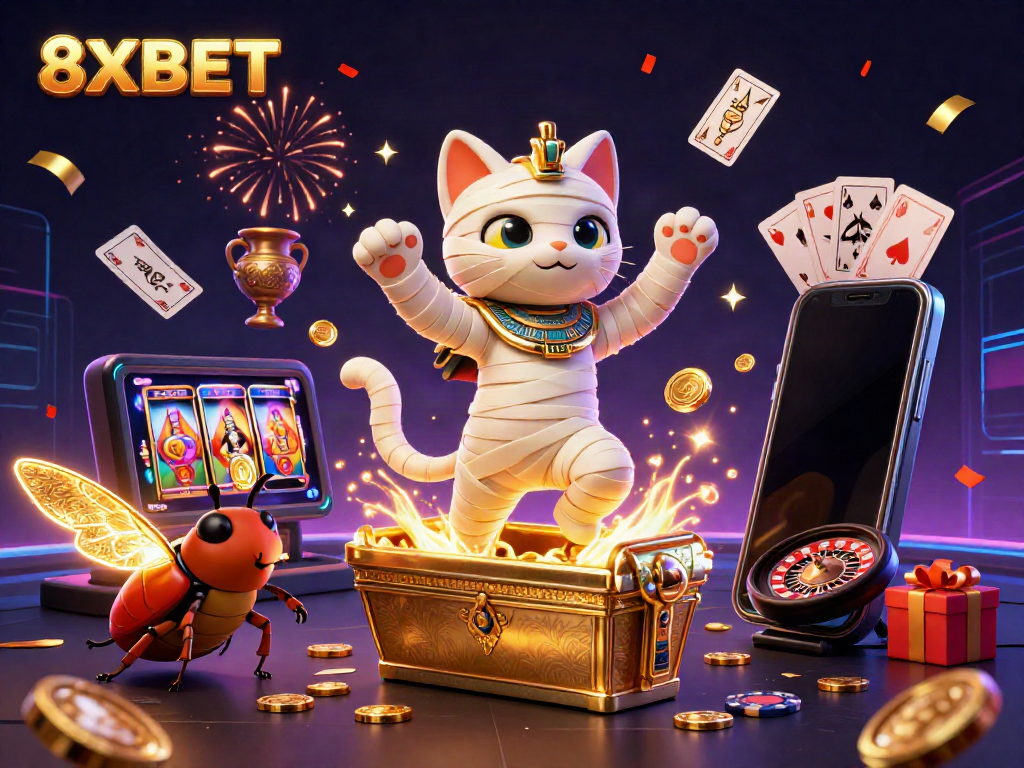 Engage with the vibrant 8XBET scene featuring a playful mummy cat and dynamic gaming elements.