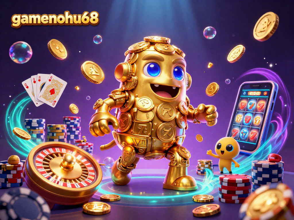 Win big with gamenohu68 in this vibrant 3D casino art featuring a golden golem and exciting game elements.