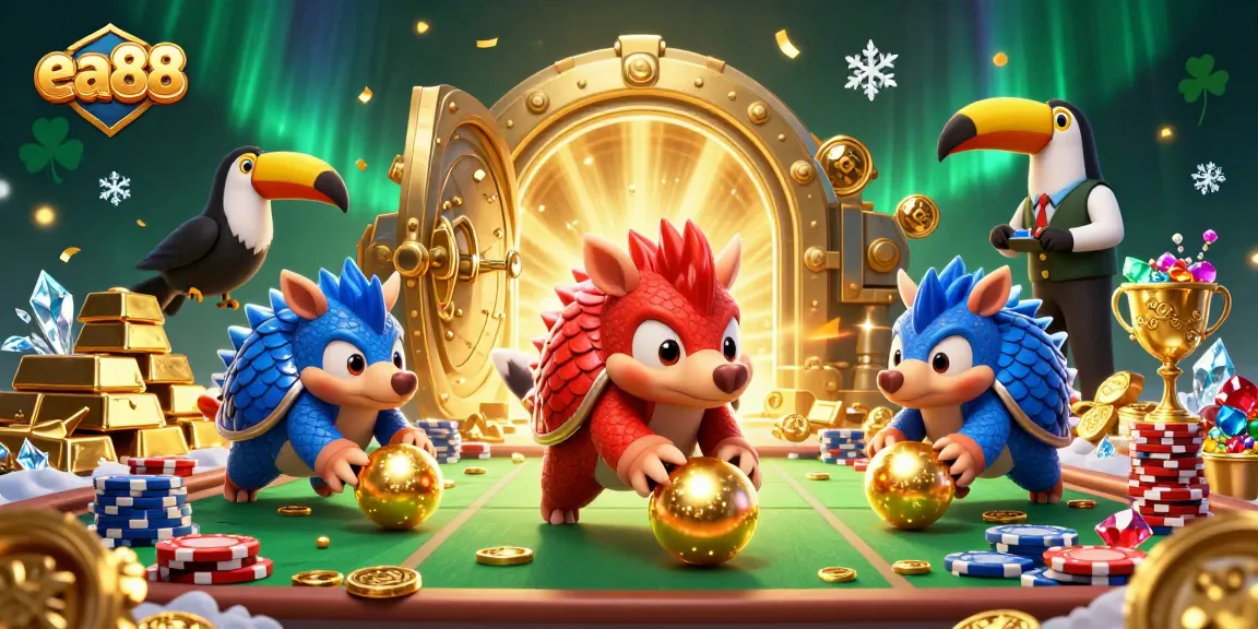 ea88 pangolins rolling through poker chips in a vibrant 3D casino illustration
