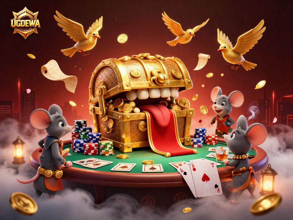 Engage with UGDEWA's thrilling treasure chest and poker scene filled with rich details and vibrant gameplay.