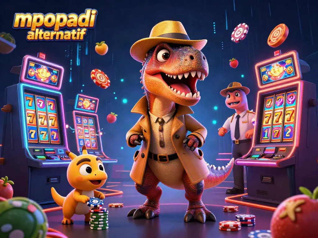 Spin on MPOPADI alternatif slots as a velociraptor navigates a busy casino scene.