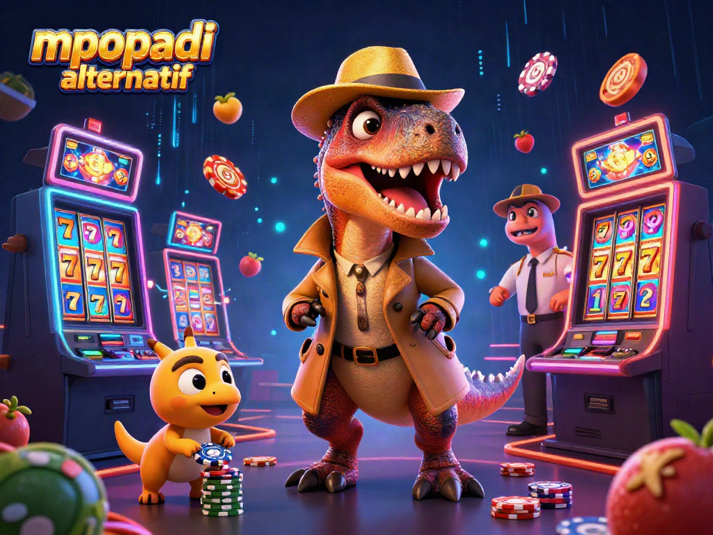 Spin on MPOPADI alternatif slots as a velociraptor navigates a busy casino scene.