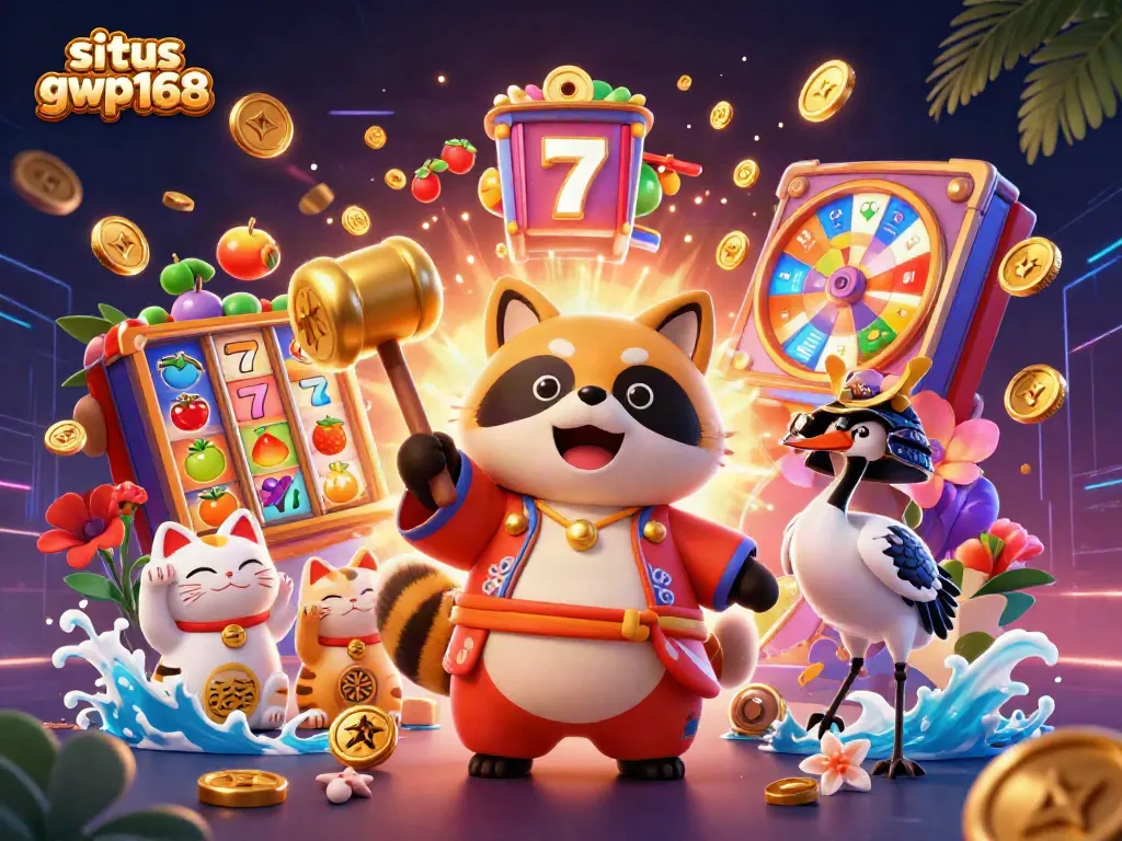 Menggairahkan gameplay di situs gwp168 dengan karakter kasino beruntung dan simbol slot yang menarik.