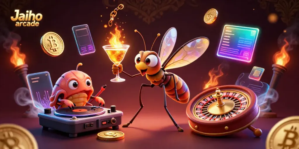 Experience the excitement of Jaiho arcade with vibrant 3D casino characters and glowing crypto elements!