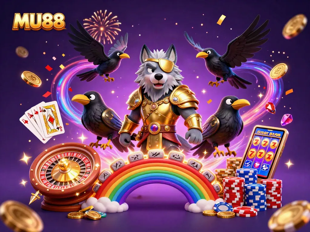 Engage with MU88 as Odin and his ravens enchant a vibrant casino adventure scene.