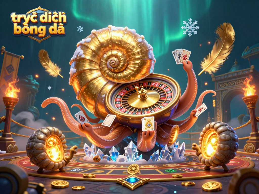 Engage in trực tiếp bóng đá with a vibrant 3D casino scene featuring a giant nautilus roulette wheel.