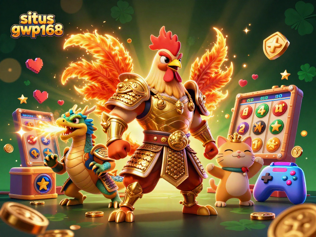 Slot gacor di situs gwp168, ditampilkan dengan karakter pahlawan ayam dan naga.