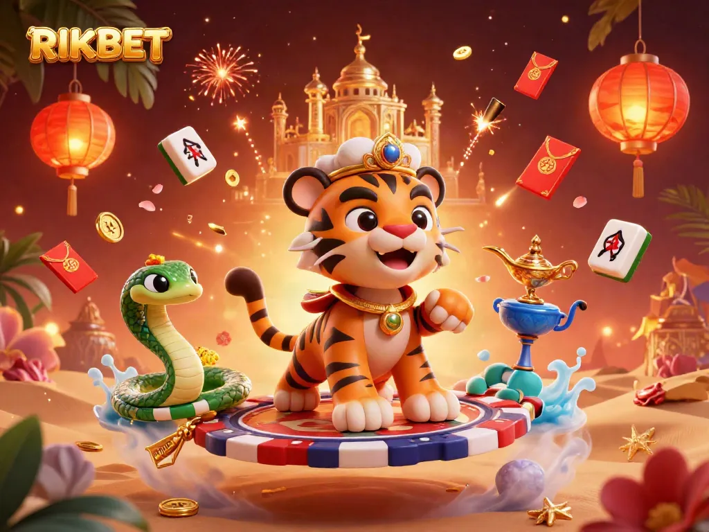 Experience the vibrant RIKBET world with a tiger sultan on a flying carpet surrounded by treasures.