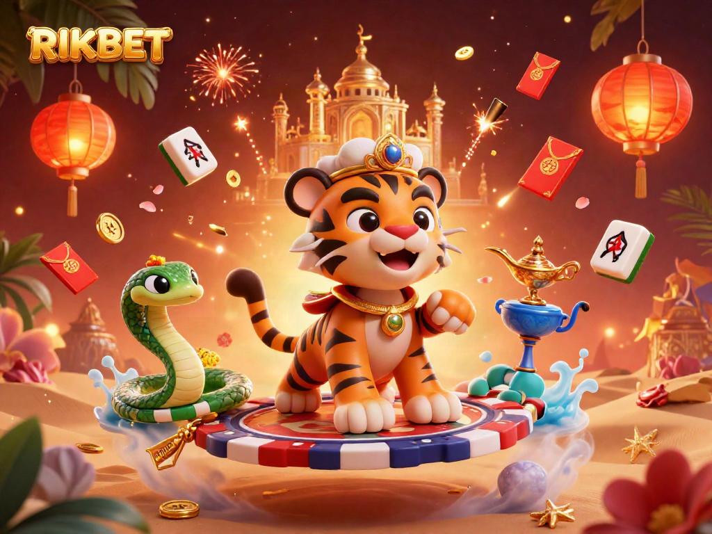Experience the vibrant RIKBET world with a tiger sultan on a flying carpet surrounded by treasures.