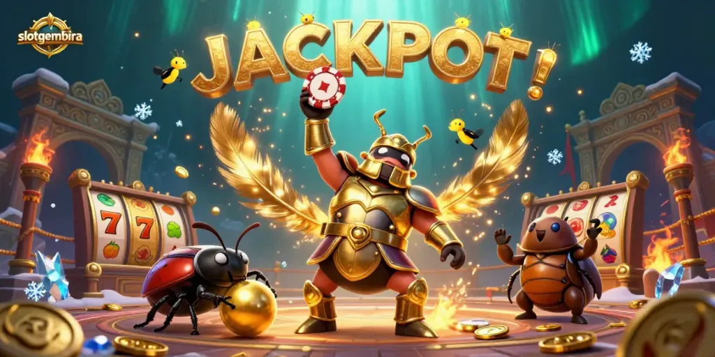 Spin to win with slotgembira as a hercules beetle lifts a poker chip in a vibrant casino scene.