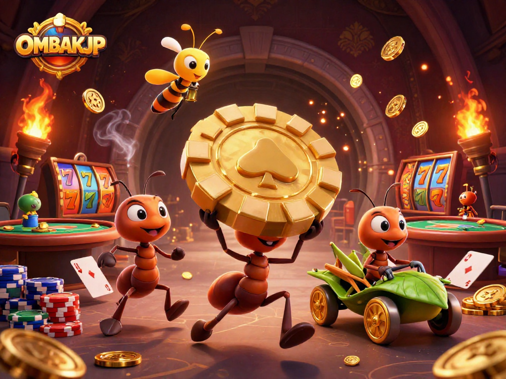 OMBAKJP showcases a heist scene with ants, poker chips, and casino elements for exciting gameplay.