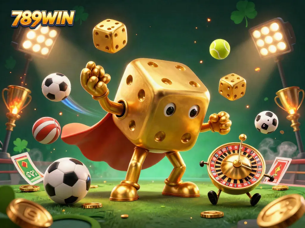Engaging illustration showcasing the 789WIN casino, featuring golden dice and dynamic sports elements.