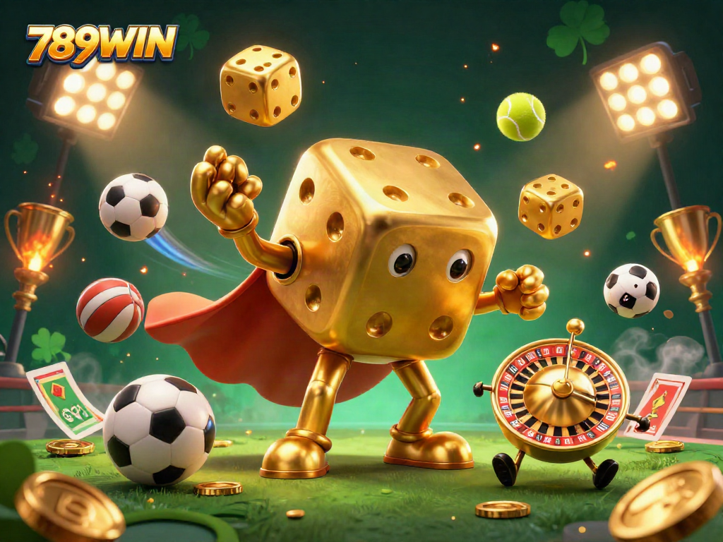 Engaging illustration showcasing the 789WIN casino, featuring golden dice and dynamic sports elements.