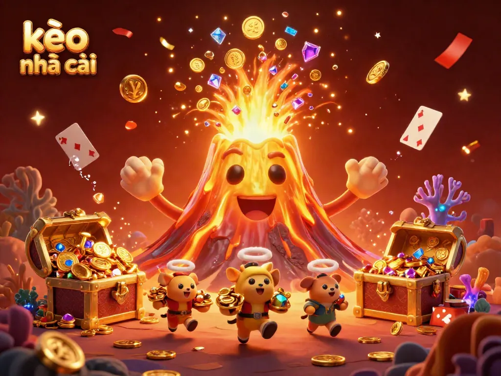 Experience the thrill of kèo nhà cái with a vibrant eruption of treasure and celebration, showcasing dynamic casino elements.