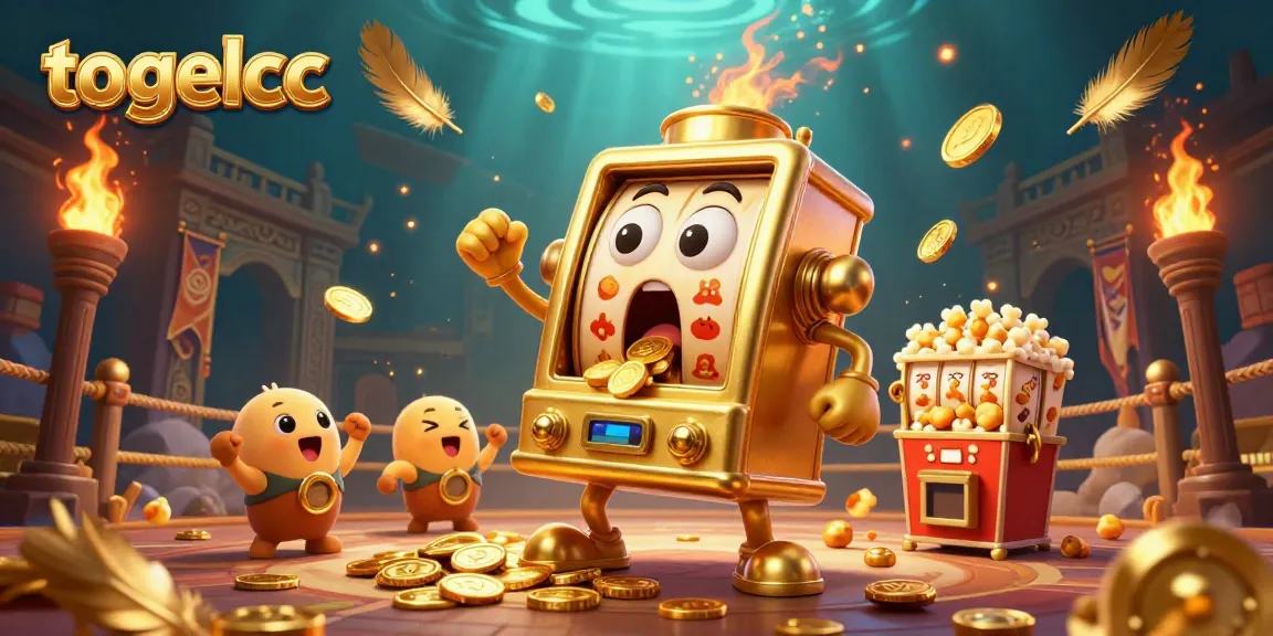 The togelcc golden slot machine celebrates a jackpot, surrounded by cheering sidekicks amidst rich casino elements.