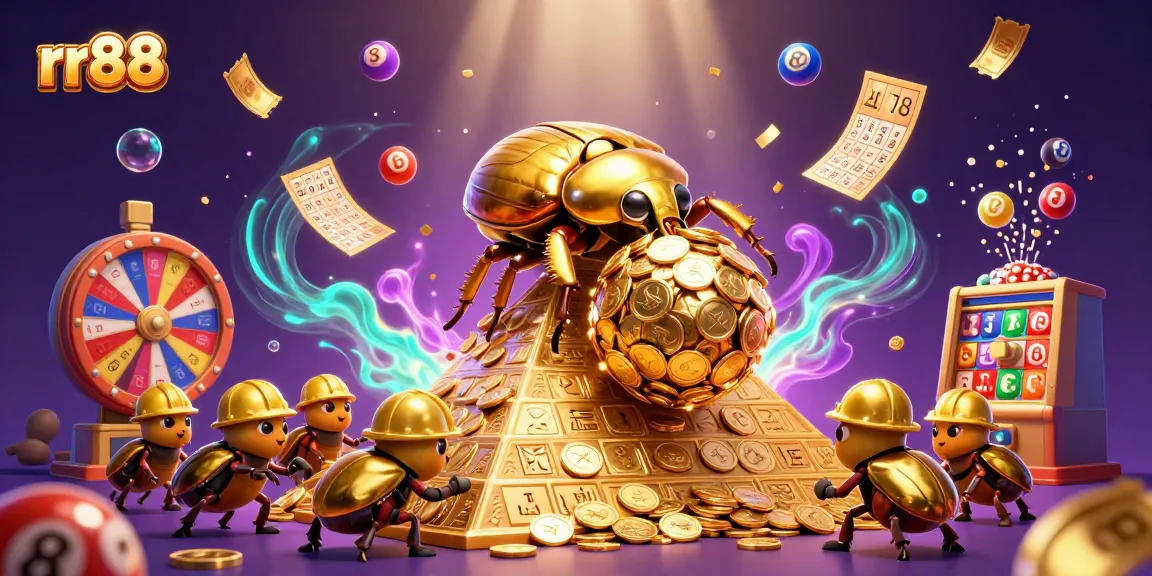 Engaging rr88 lottery adventure with vibrant lottery balls and golden prizes surrounding animated beetles.