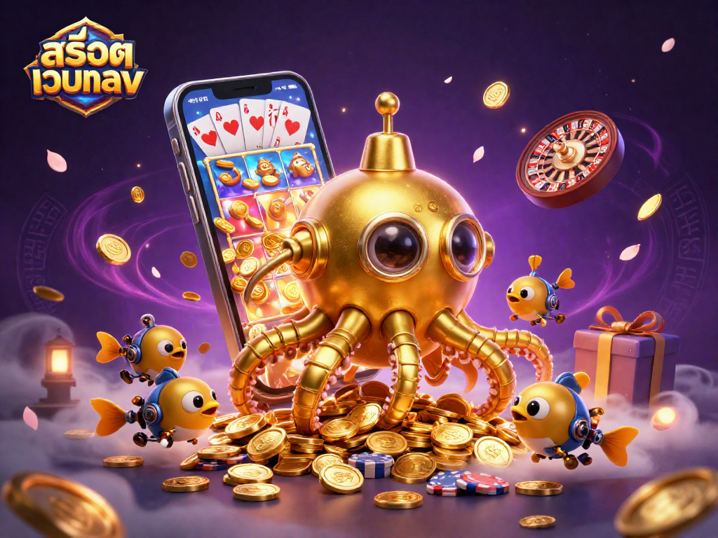 สล็อตเว็บตรง featuring an illustrated golden kraken submarine in a sea of coins, engaging in gambling.