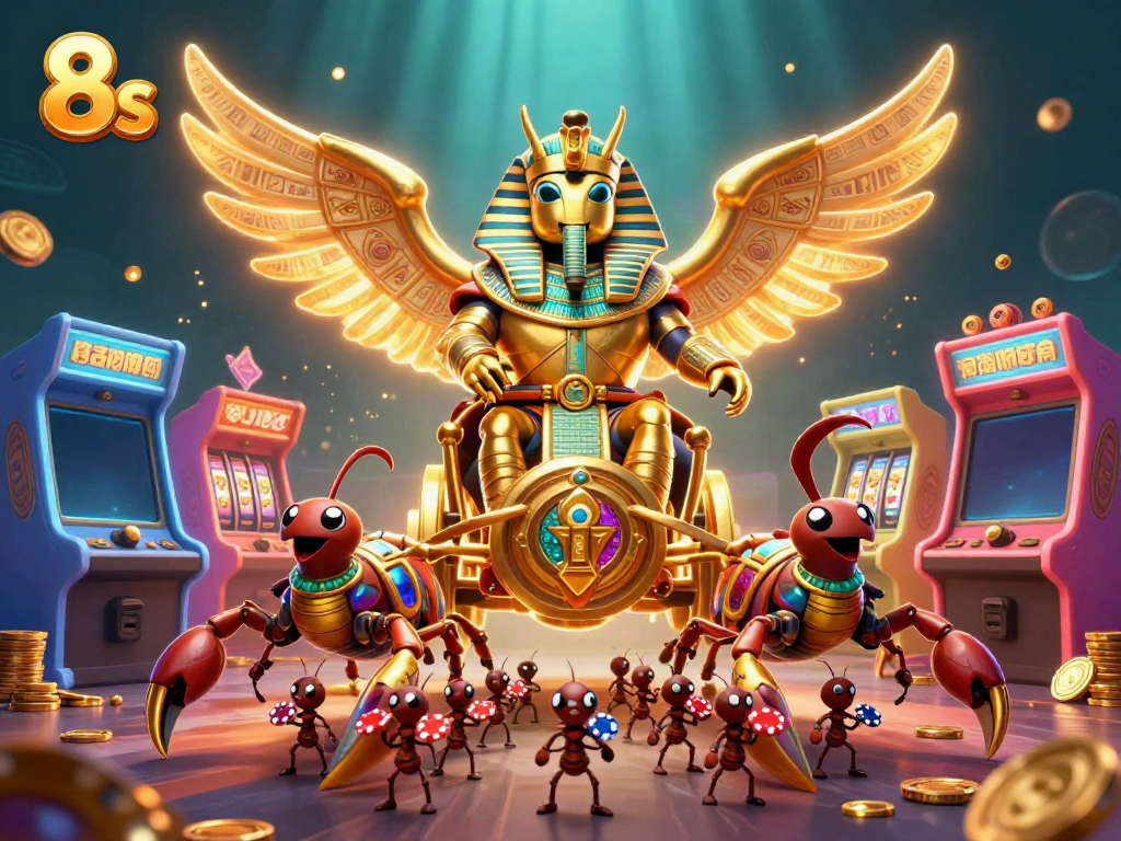 Experience the dynamic world of 8s gaming, featuring a golden scarab beetle in a casino chariot, surrounded by vibrant slot machines.