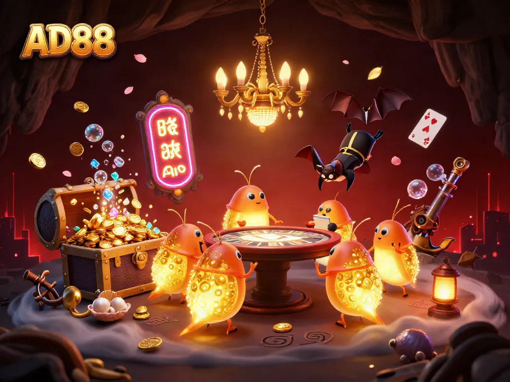 Experience the excitement of AD88 with vibrant glowworms lighting up an enchanting casino scene.