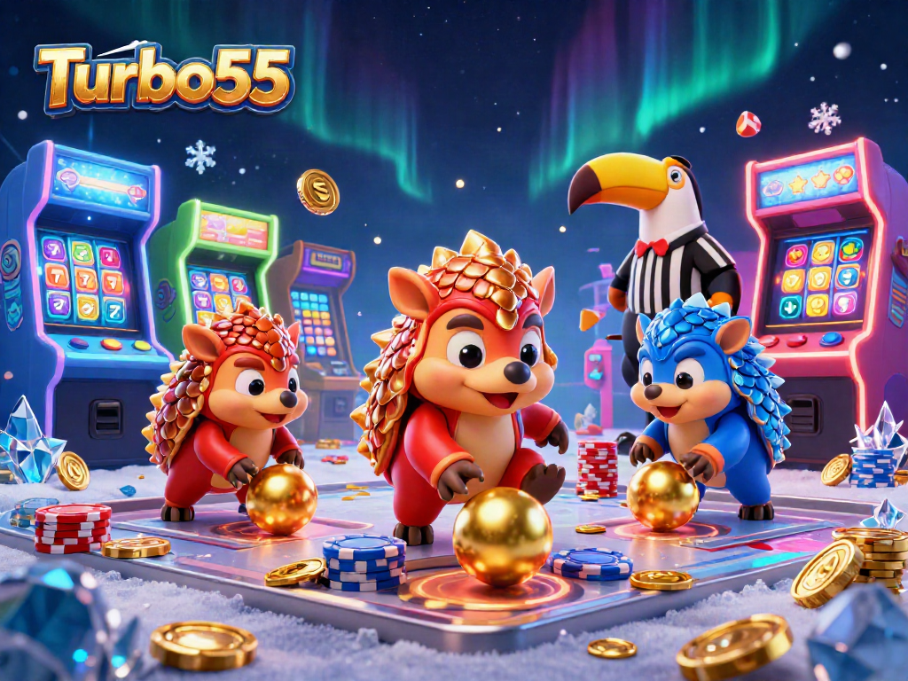 Turbo55 features a dynamic scene with rival pangolins bowling through poker chips in a vibrant casino.