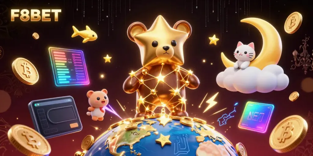 Experience F8BET's vibrant world of winnings, with a whimsical constellation bear and crypto elements.