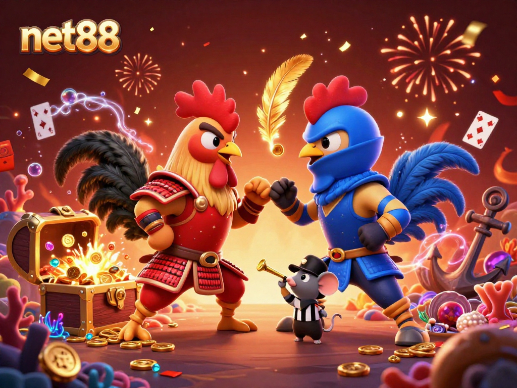 Experience the thrill of net88 with this dynamic illustration of roosters in an epic showdown.
