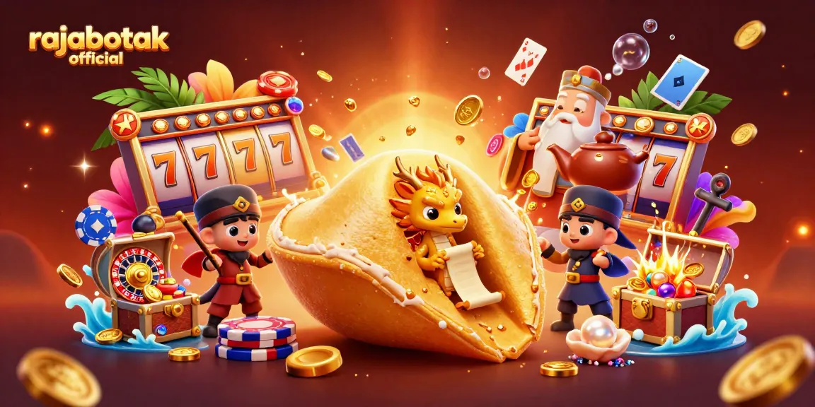 Engage with rajabotak official as a vibrant 3D cartoon scene showcasing a golden fortune cookie, colorful gambling elements, and energetic details.