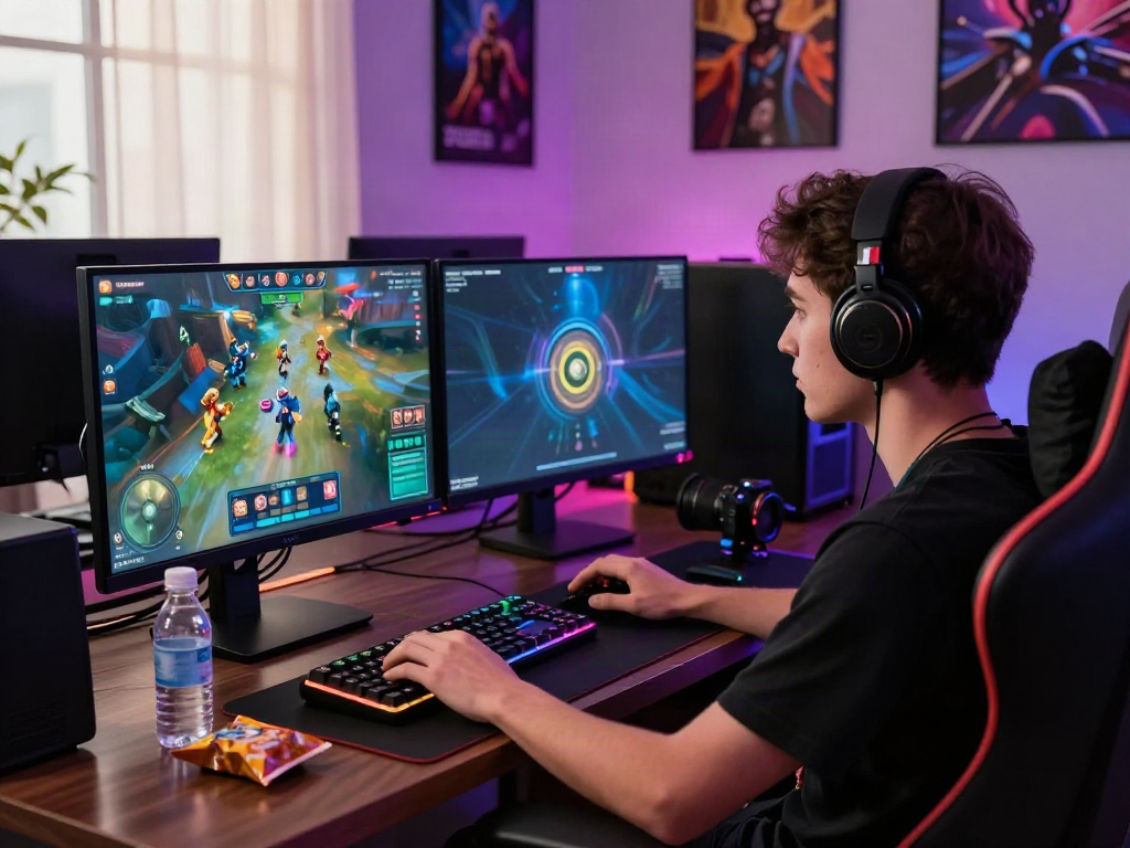 Player enjoying a Bro138 online gaming session with vibrant slot graphics on dual monitors