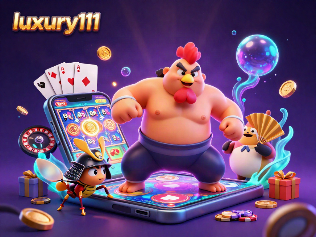 Experience the thrill of luxury111 with a vibrant casino illustration featuring charming characters and exciting gaming elements.