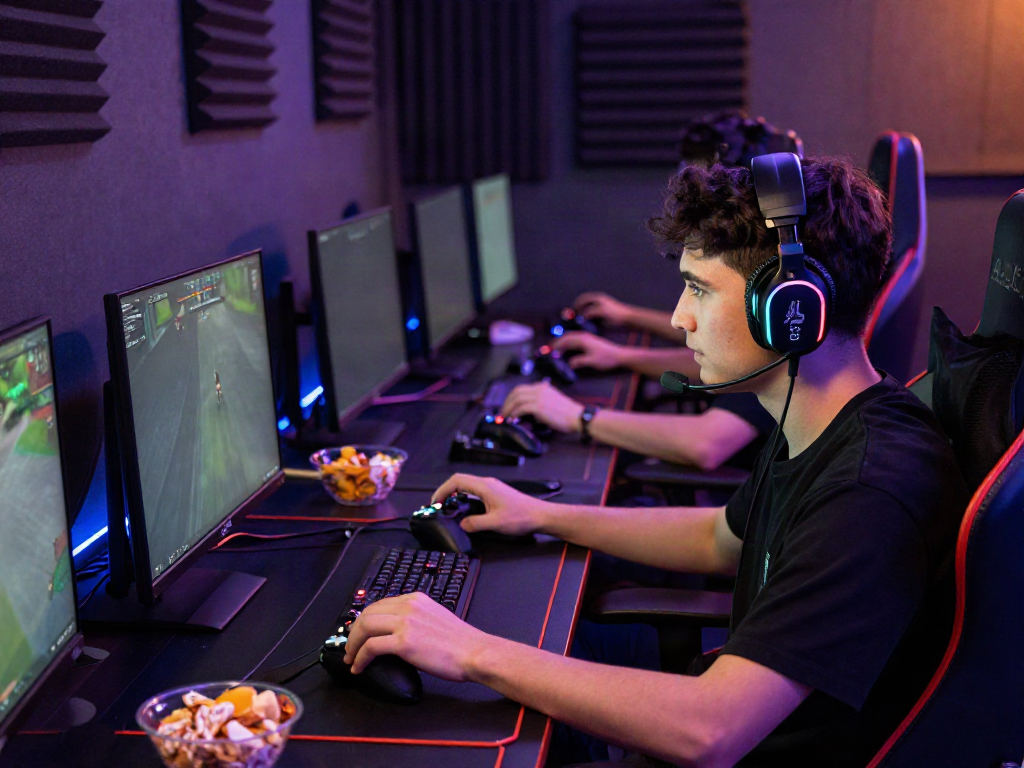 Gamer in an intense akunjp session surrounded by screens and RGB lighting.