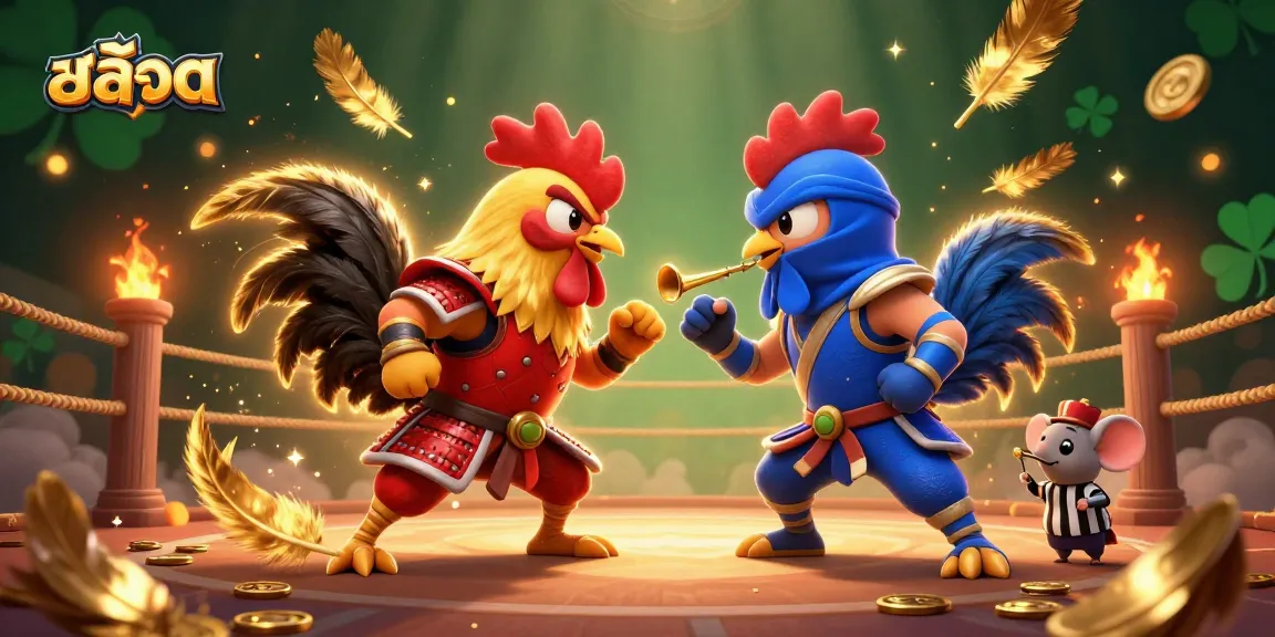 Experience the excitement of สล็อต as roosters battle in a vibrant casino arena, showcasing dynamic elements.