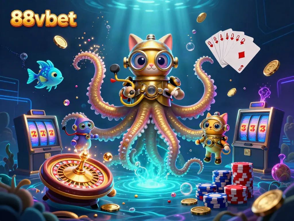Spin the reels of 88vbet in a vibrant scene with animated kraken and treasure.