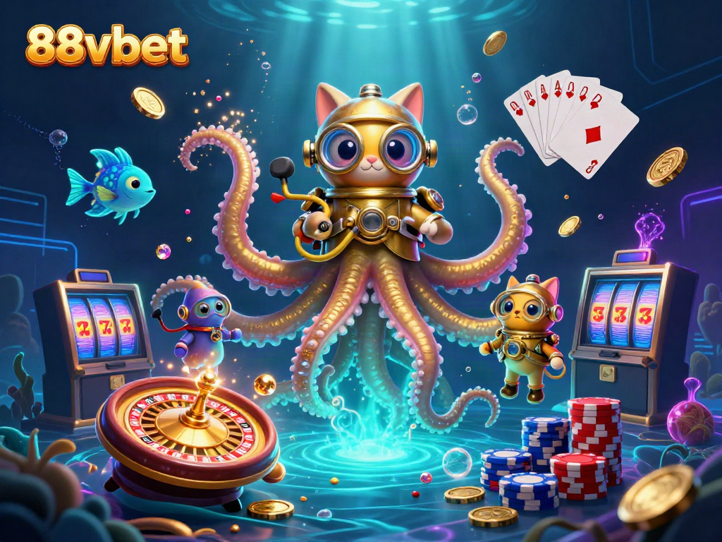 Spin the reels of 88vbet in a vibrant scene with animated kraken and treasure.