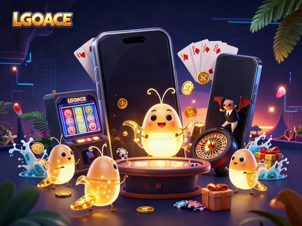LGOACE illuminates the cave casino with glowing creatures and dynamic gaming elements in a vibrant scene.