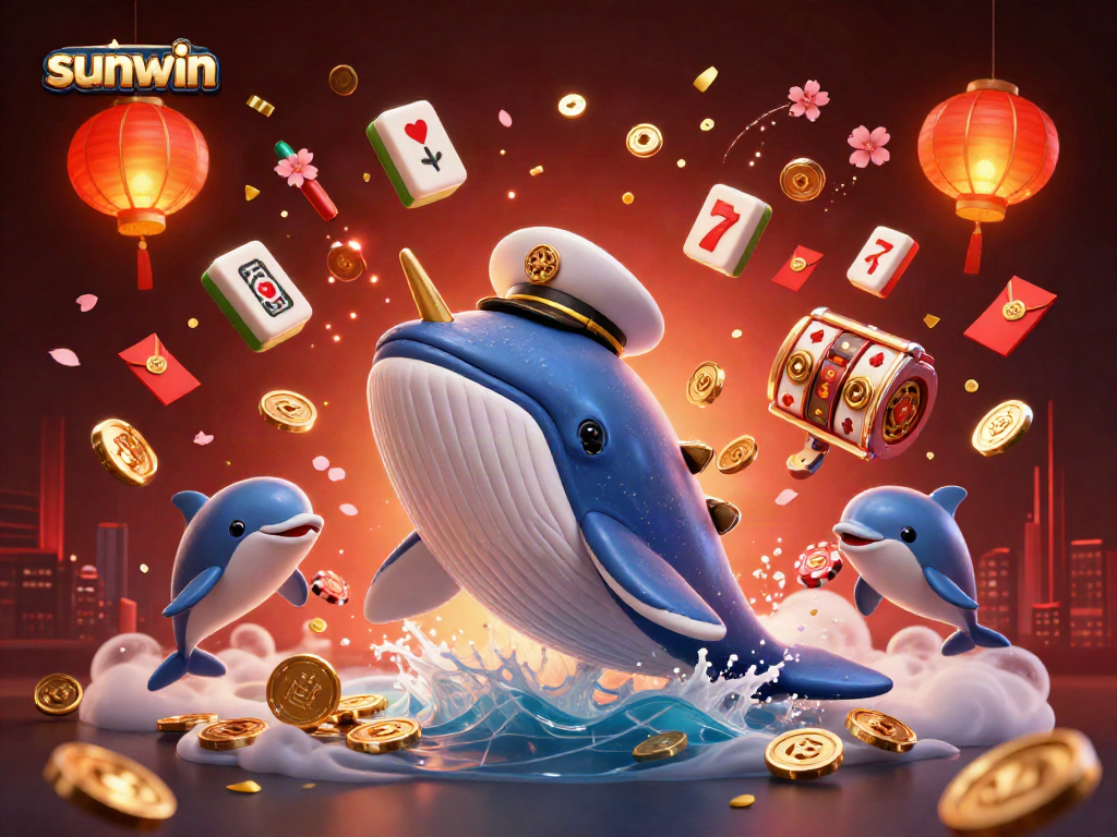 Play poker with sunwin's vibrant and engaging 3D casino illustration featuring a whale and dolphins.