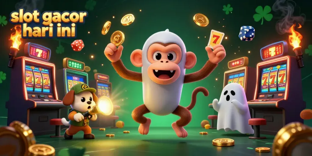 Visualisasi slot gacor hari ini yang menampilkan jokers dan mesin slot berkilauan di kasino yang ramai.