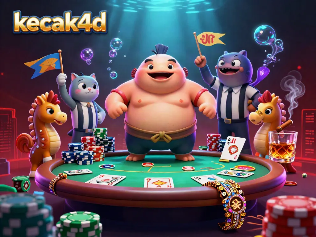 Immerse in the kecak4d casino world with a lively underwater poker scene showcasing unique characters and game elements.