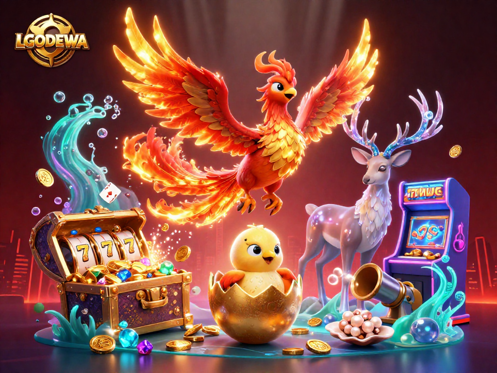 Experience the excitement of LGODEWA with vibrant casino characters and elements surrounding a mythical scene.