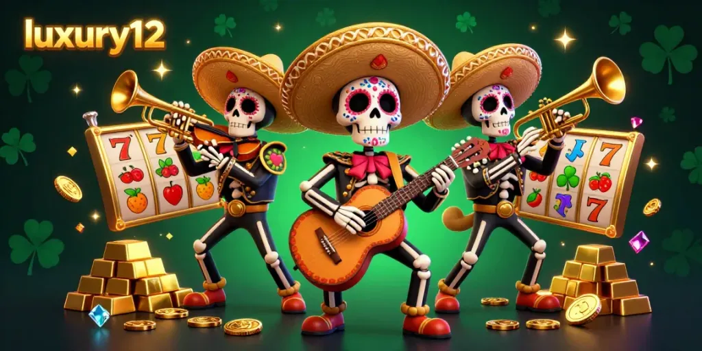 Experience the excitement of luxury12 gaming with a mariachi band and slot reels in a festive casino scene.