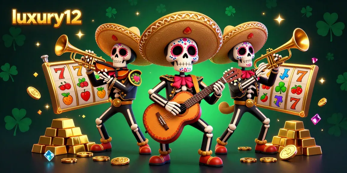 Experience the excitement of luxury12 gaming with a mariachi band and slot reels in a festive casino scene.