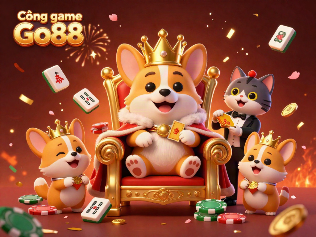Cổng game Go88 showcases a royal corgi king amid vibrant casino elements like poker chips and jade coins.
