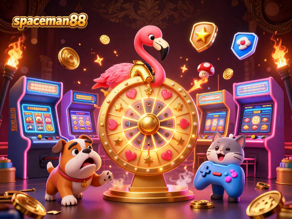 Experience the excitement of spaceman88 with a vibrant game show scene featuring a golden prize wheel and animated characters.