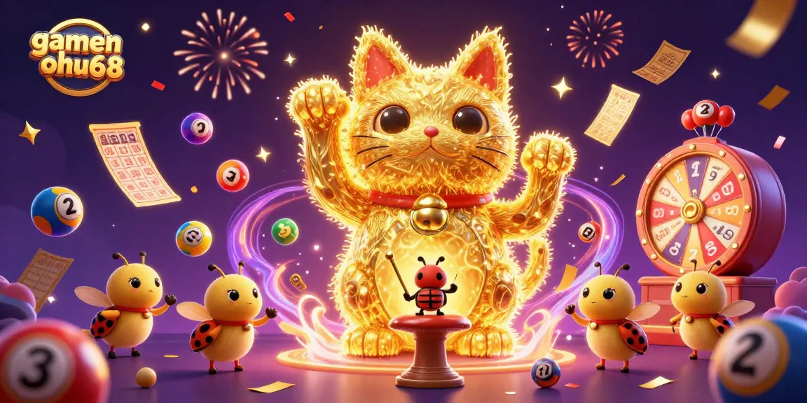 Experience gamenohu68's vibrant casino magic with a lucky cat made of fireflies and thrilling game elements.