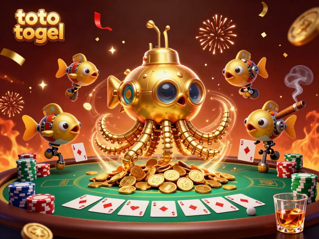 Experience exhilarating toto togel adventures with a golden kraken submarine amidst vibrant poker action.