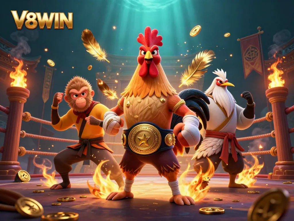 Engage in thrilling action with V8WIN’s casino characters in an electrifying arena scene.