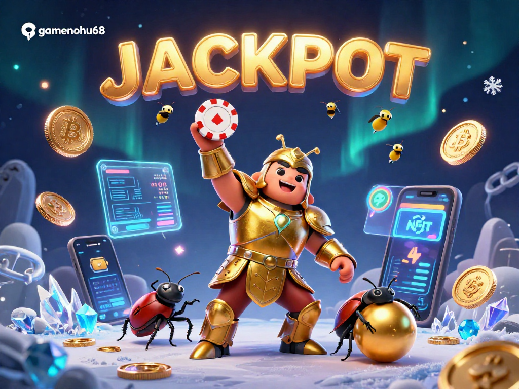 Experience a thrilling jackpot moment with gamenohu68, featuring vibrant 3D characters and crypto elements.