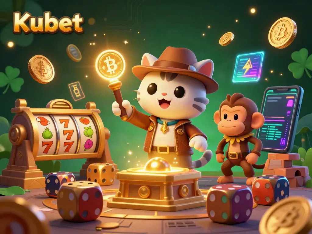 Kubet's vibrant casino adventure showcases an explorer cat and monkey in a treasure temple, amidst slot reels and crypto coins.