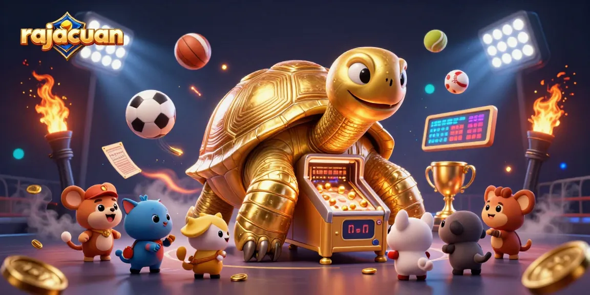 Engage with rajacuan's thrilling gaming experience featuring a colossal pinball tortoise and dynamic sports elements.