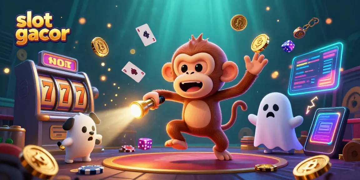 Experience the excitement of slot gacor with a vibrant, whimsical illustration of a ghostly monkey juggling at a dynamic casino.